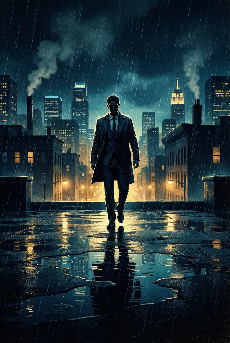 上海宝马 出品影片《雨夜独行者》海报，雨中城市屋顶男性剪影